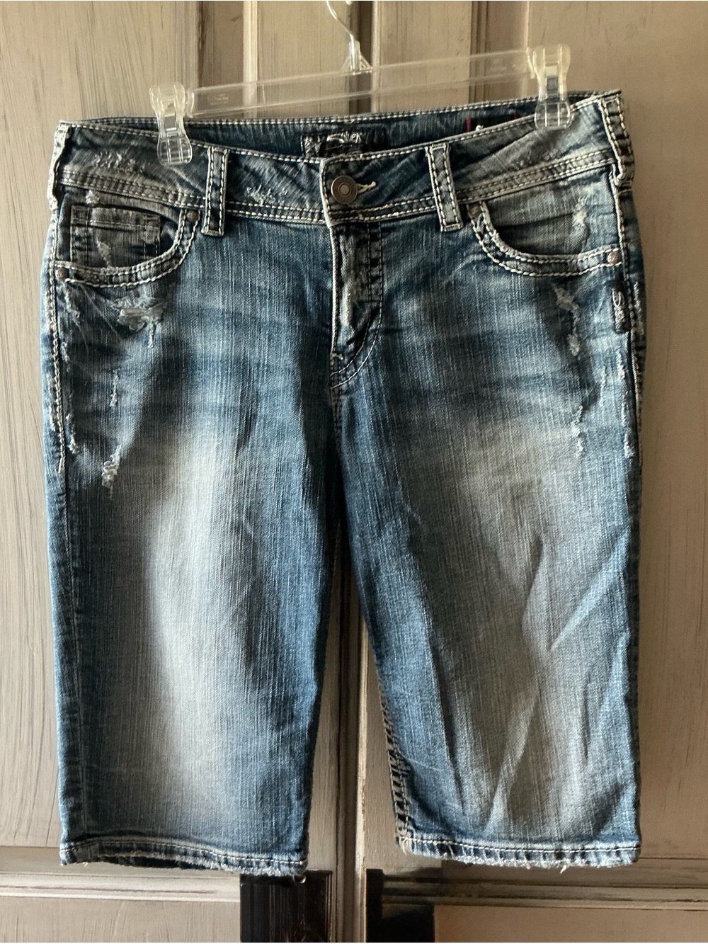 Silver Jeans Women's Distressed Mid-Length Denim Shorts - Blue Wash